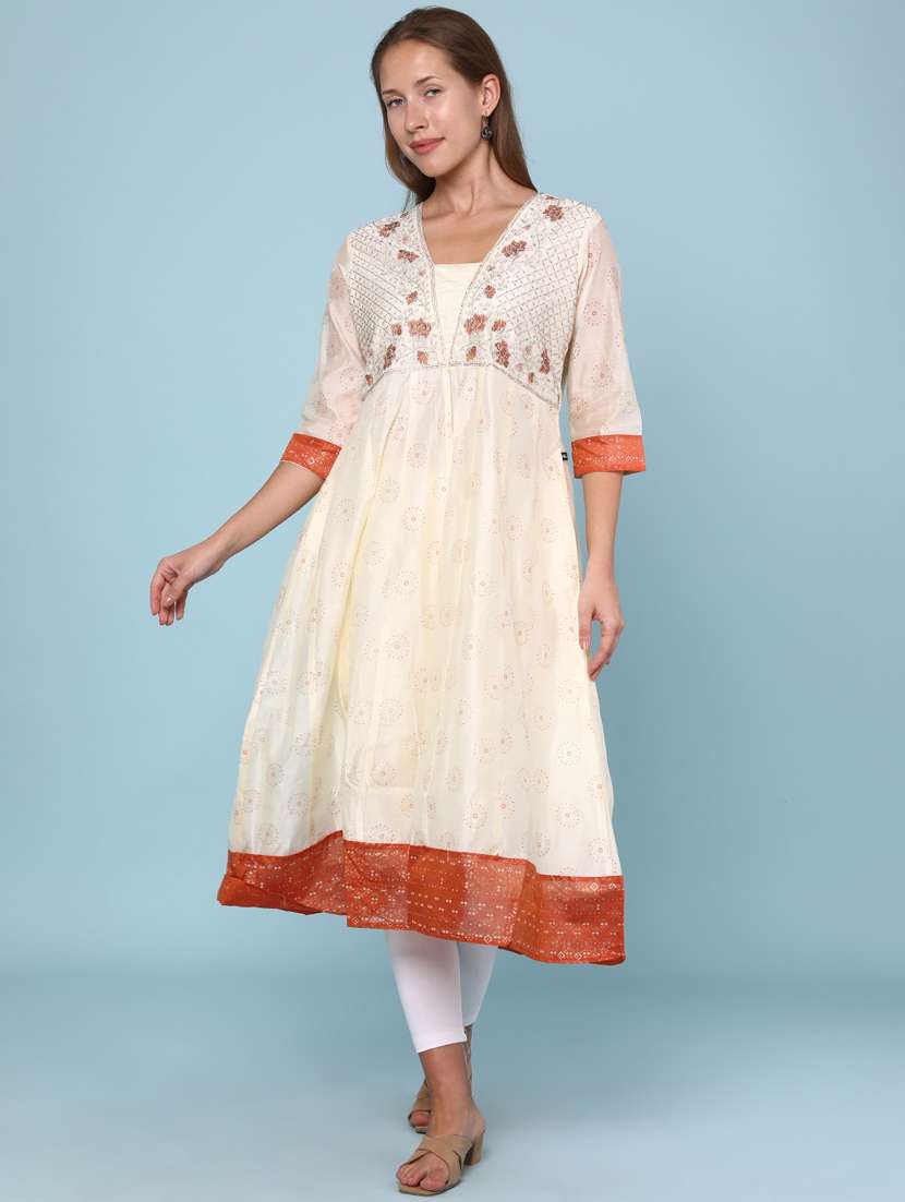 women printed three quarter sleeve flared kurta