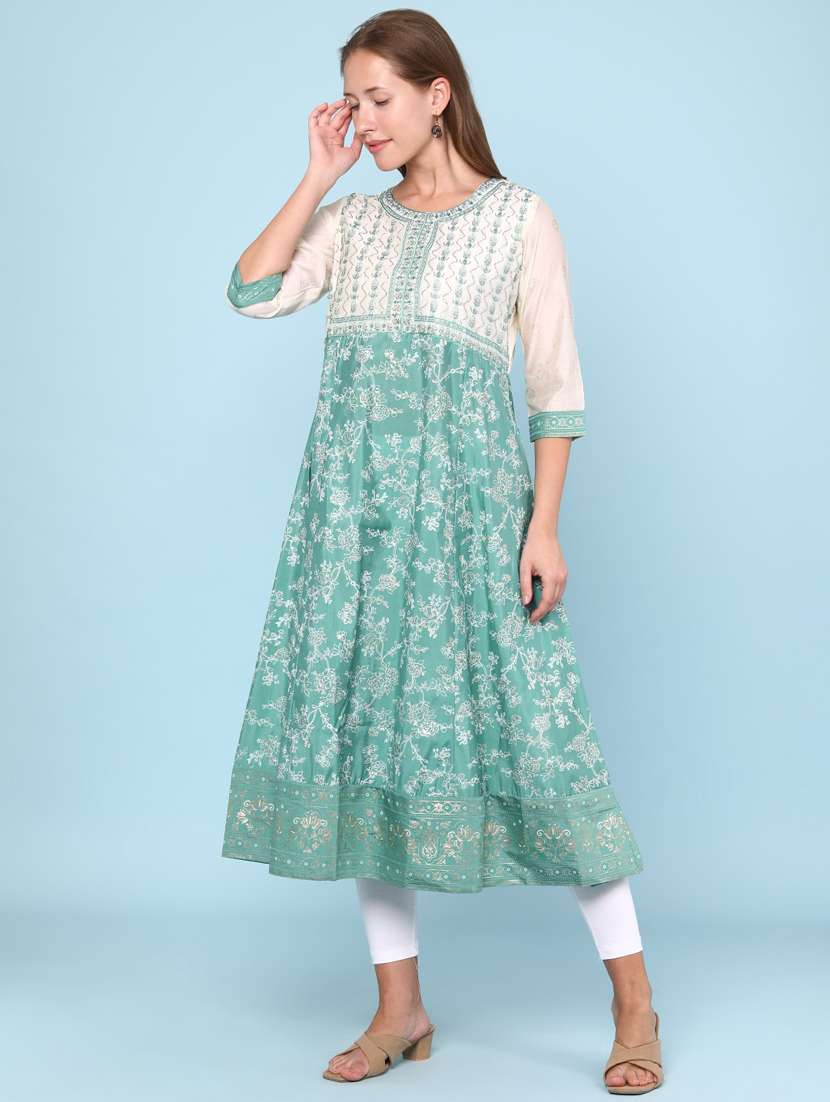 women floral printed three quarter sleeve flared kurta - 22224259 -  Standard Image - 3