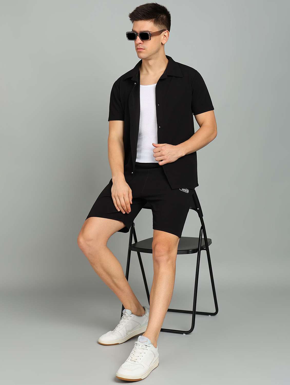 men solid short sleeve shorts & shirt co-ord set