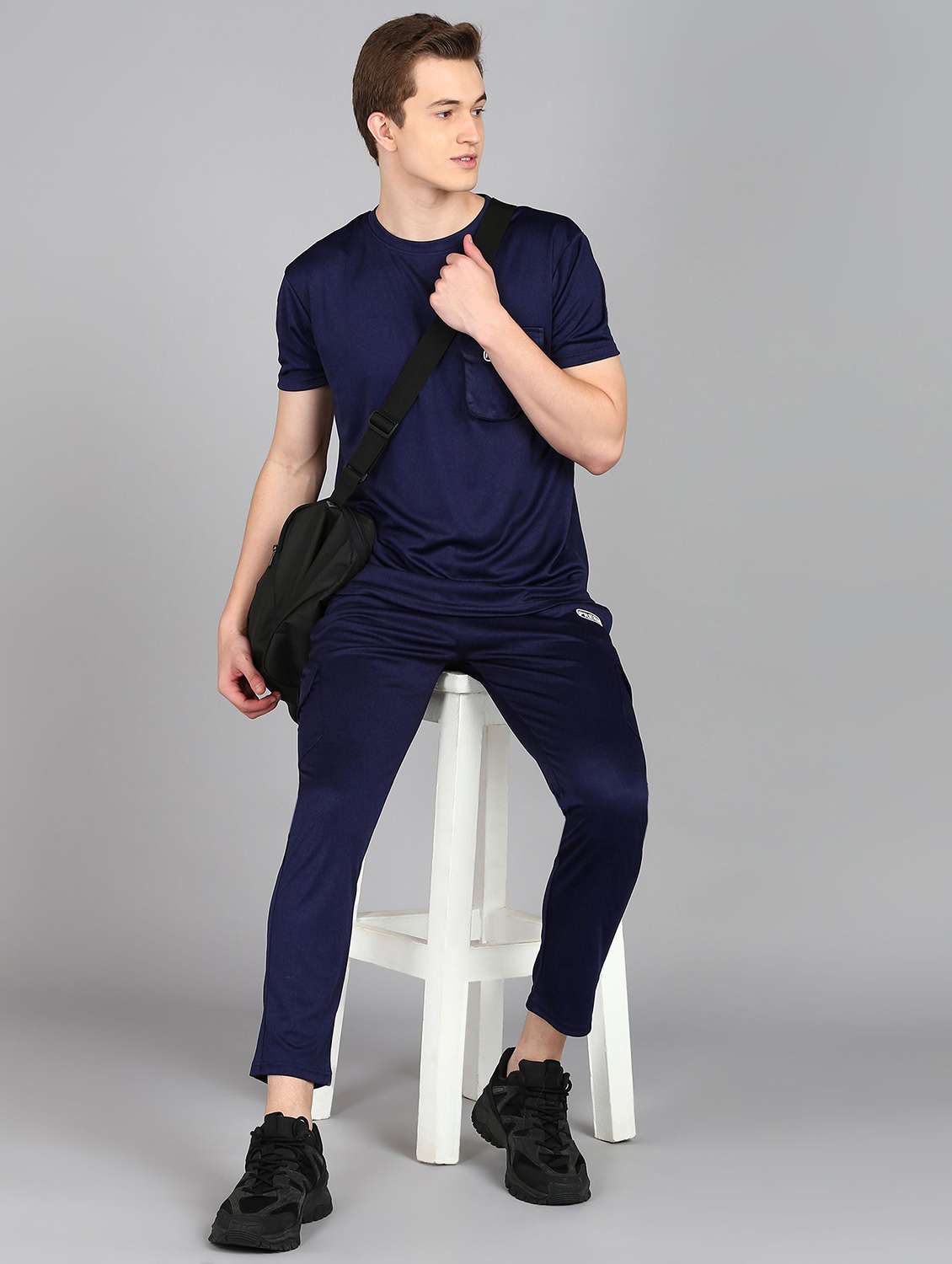 men solid short sleeve full length co-ord set