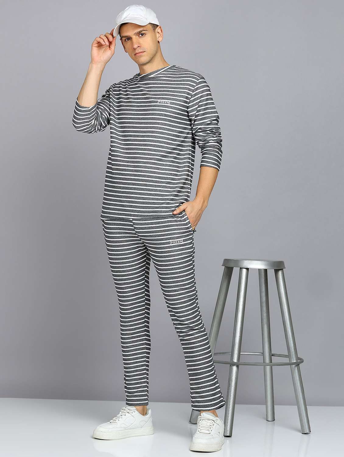 men striped full sleeve full length co-ord set