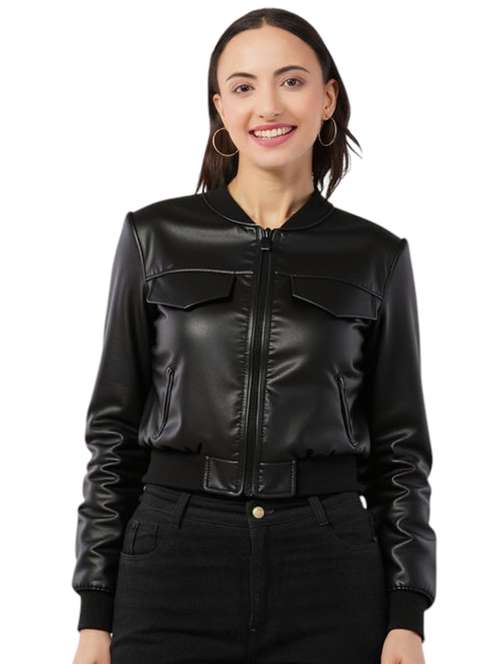 women black solid long sleeve leather jacket - 22224364 -  Standard Image - 0