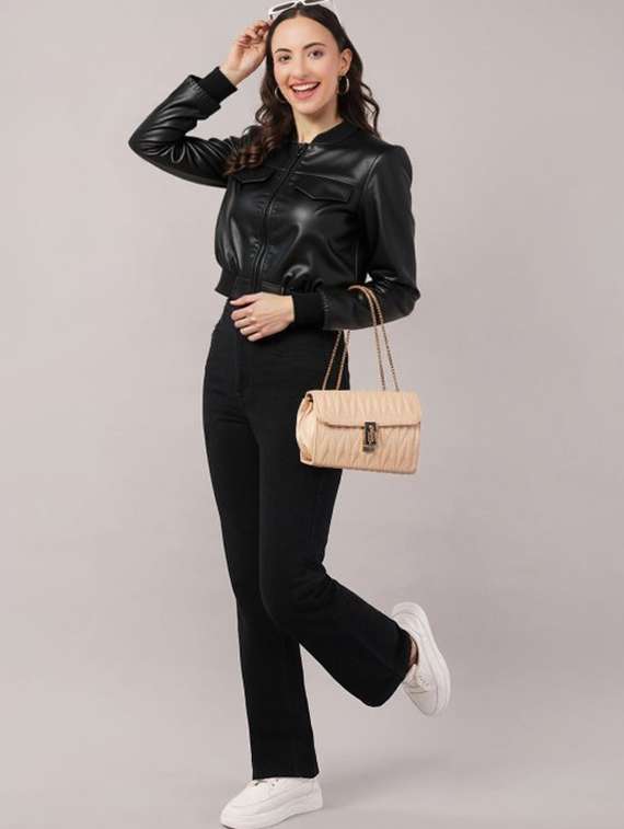 women black solid long sleeve leather jacket - 22224364 -  Standard Image - 3
