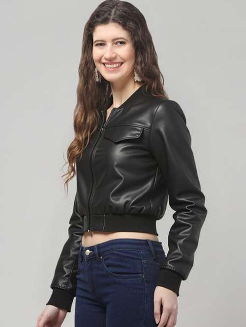 women black solid long sleeve leather jacket - 22224365 -  Standard Image - 0