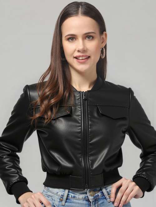women black solid long sleeve leather jacket - 22224366 -  Standard Image - 0