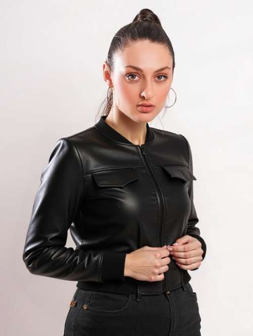 women black solid long sleeve leather jacket - 22224367 -  Standard Image - 0