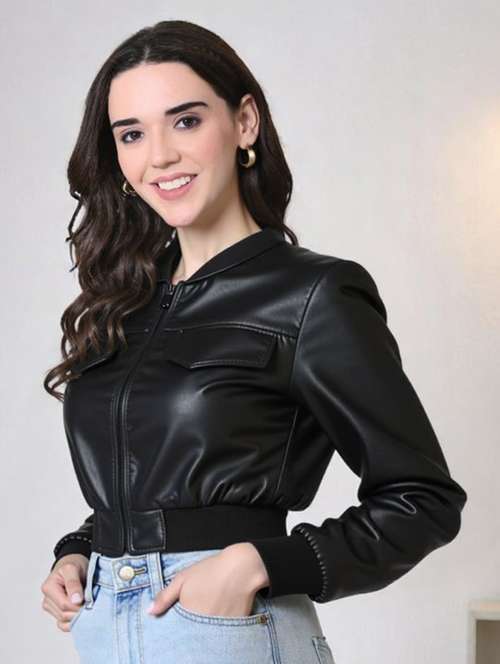women black solid long sleeve leather jacket - 22224368 -  Standard Image - 0