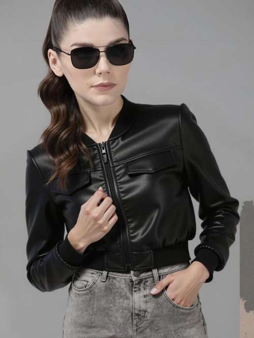 women black solid long sleeve leather jacket - 22224374 -  Standard Image - 0