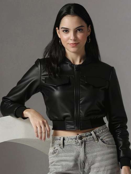 women black solid long sleeve leather jacket - 22224375 -  Standard Image - 0