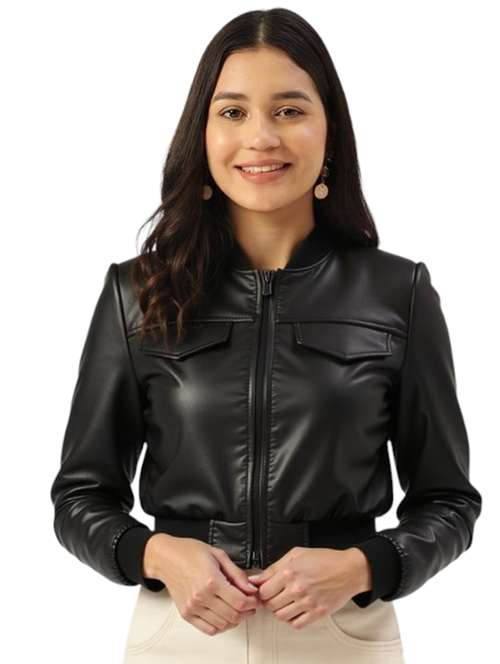women black solid long sleeve leather jacket - 22224376 -  Standard Image - 0