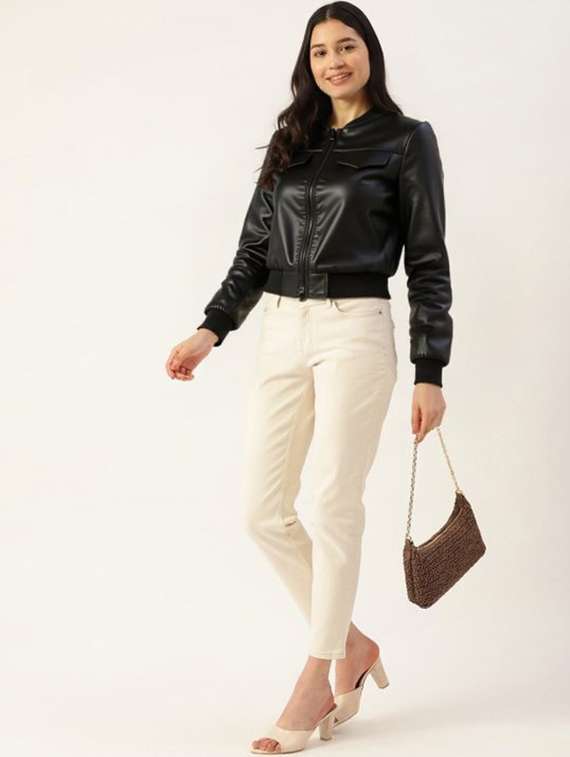 women black solid long sleeve leather jacket - 22224376 -  Standard Image - 3