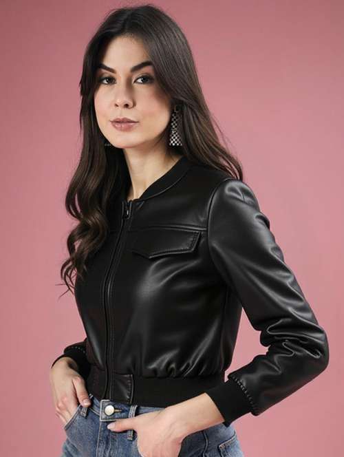 women black solid long sleeve leather jacket - 22224379 -  Standard Image - 0