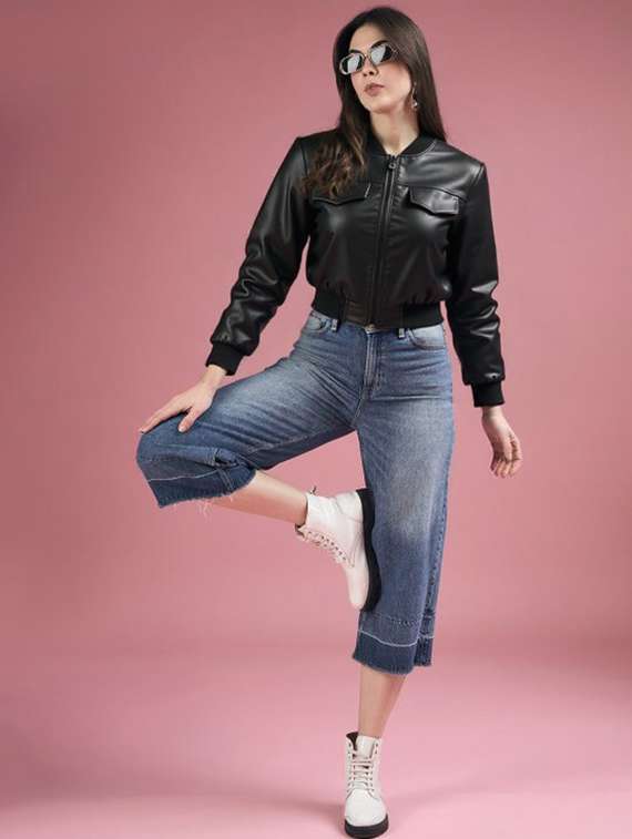 women black solid long sleeve leather jacket - 22224379 -  Standard Image - 3