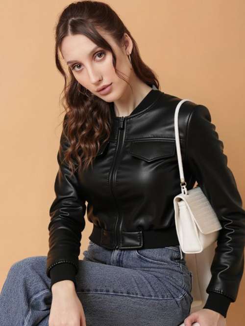 women black solid long sleeve leather jacket - 22224381 -  Standard Image - 0
