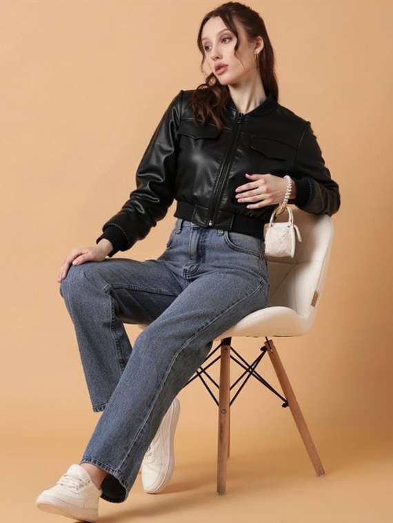 women black solid long sleeve leather jacket - 22224381 -  Standard Image - 3