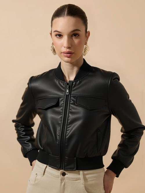 women black solid long sleeve leather jacket - 22224382 -  Standard Image - 0