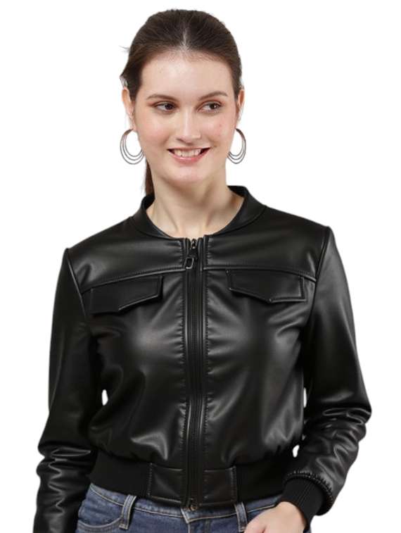 women black solid long sleeve leather jacket