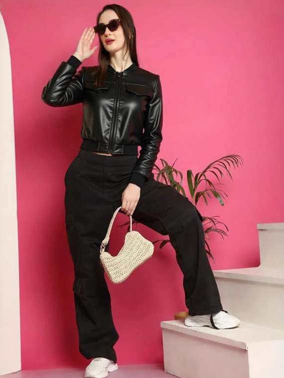 women black solid long sleeve leather jacket - 22224388 -  Standard Image - 3