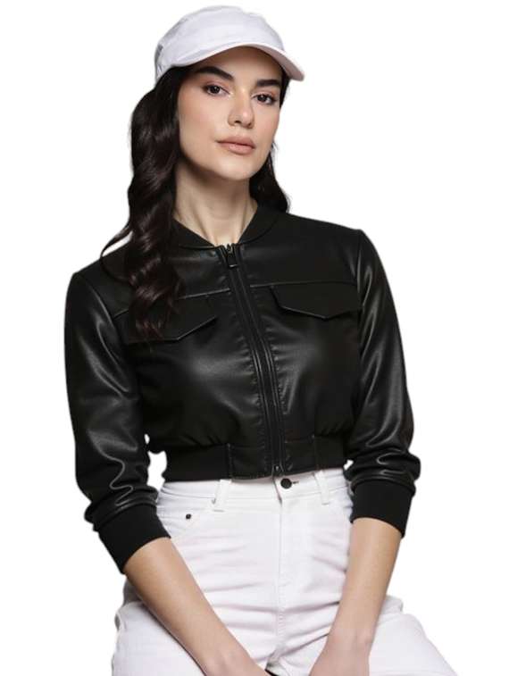 women black solid long sleeve leather jacket