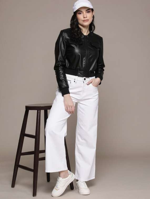 women black solid long sleeve leather jacket - 22224390 -  Standard Image - 3