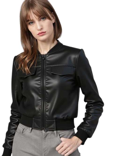 women black solid long sleeve leather jacket - 22224391 -  Standard Image - 0
