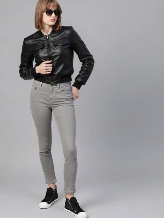 women black solid long sleeve leather jacket - 22224391 -  Standard Image - 3