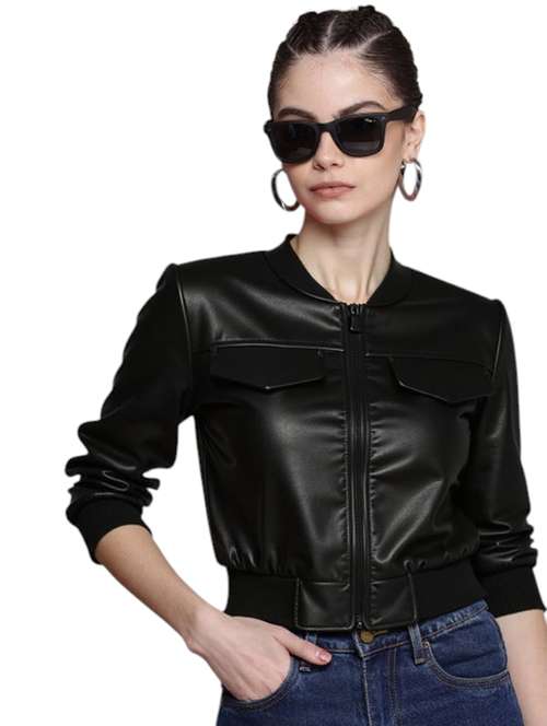 women black solid long sleeve leather jacket - 22224392 -  Standard Image - 0