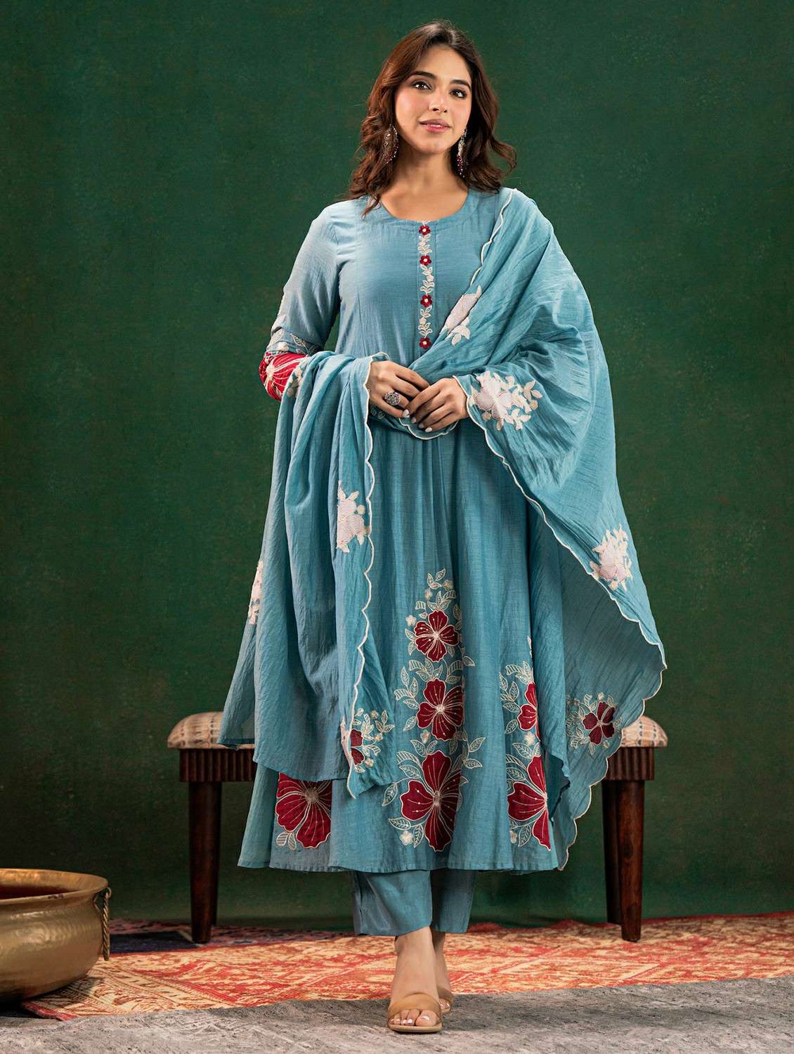 women floral long sleeve kurta pant with dupatta set