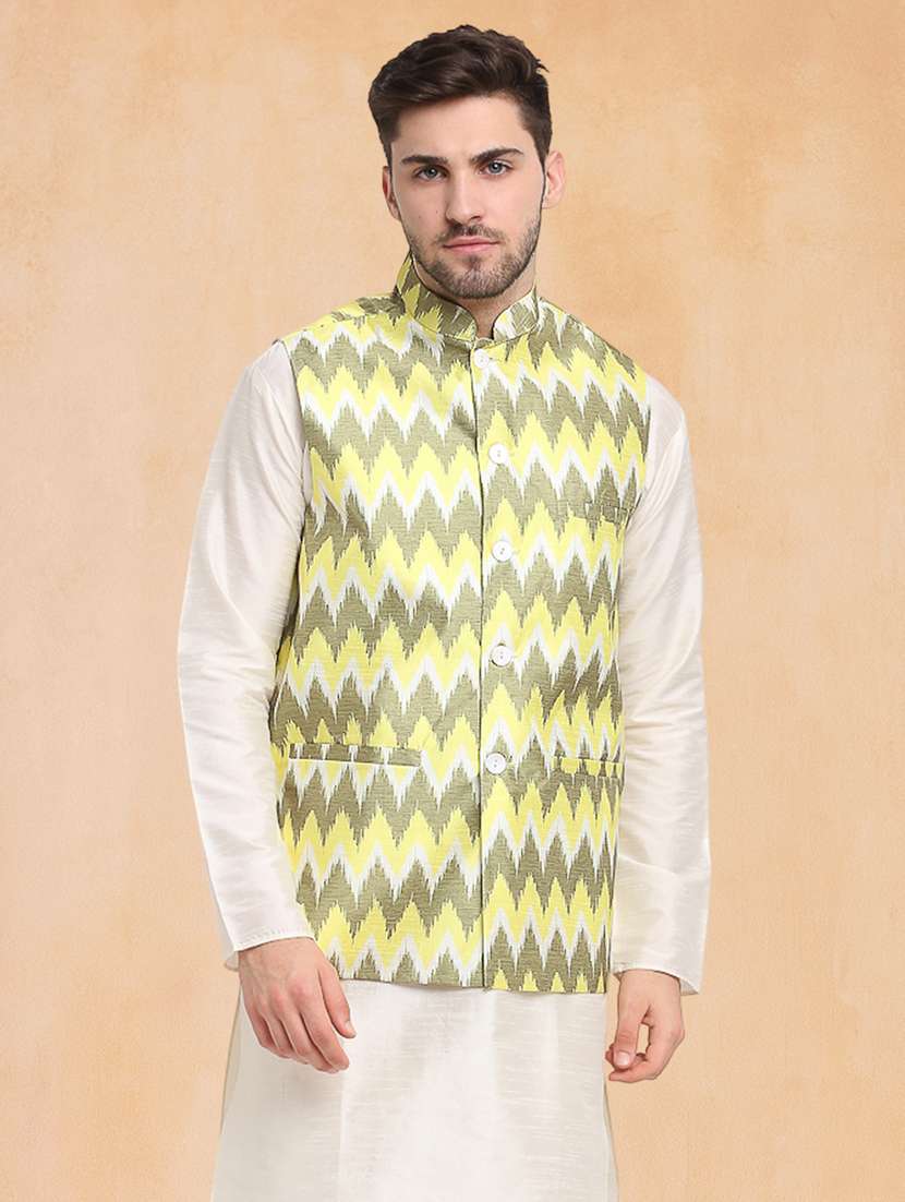 men printed mandarin neck regular fit nehru jacket