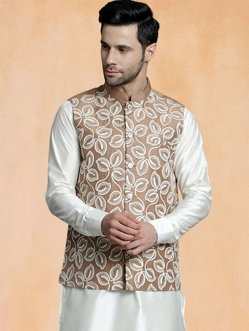 men solid with work mandarin neck regular fit nehru jacket