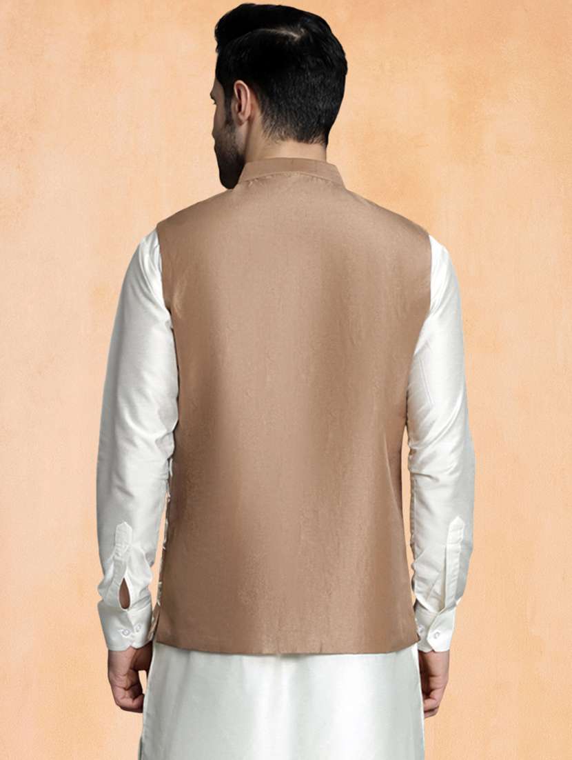 men solid with work mandarin neck regular fit nehru jacket - 22224546 -  Standard Image - 3