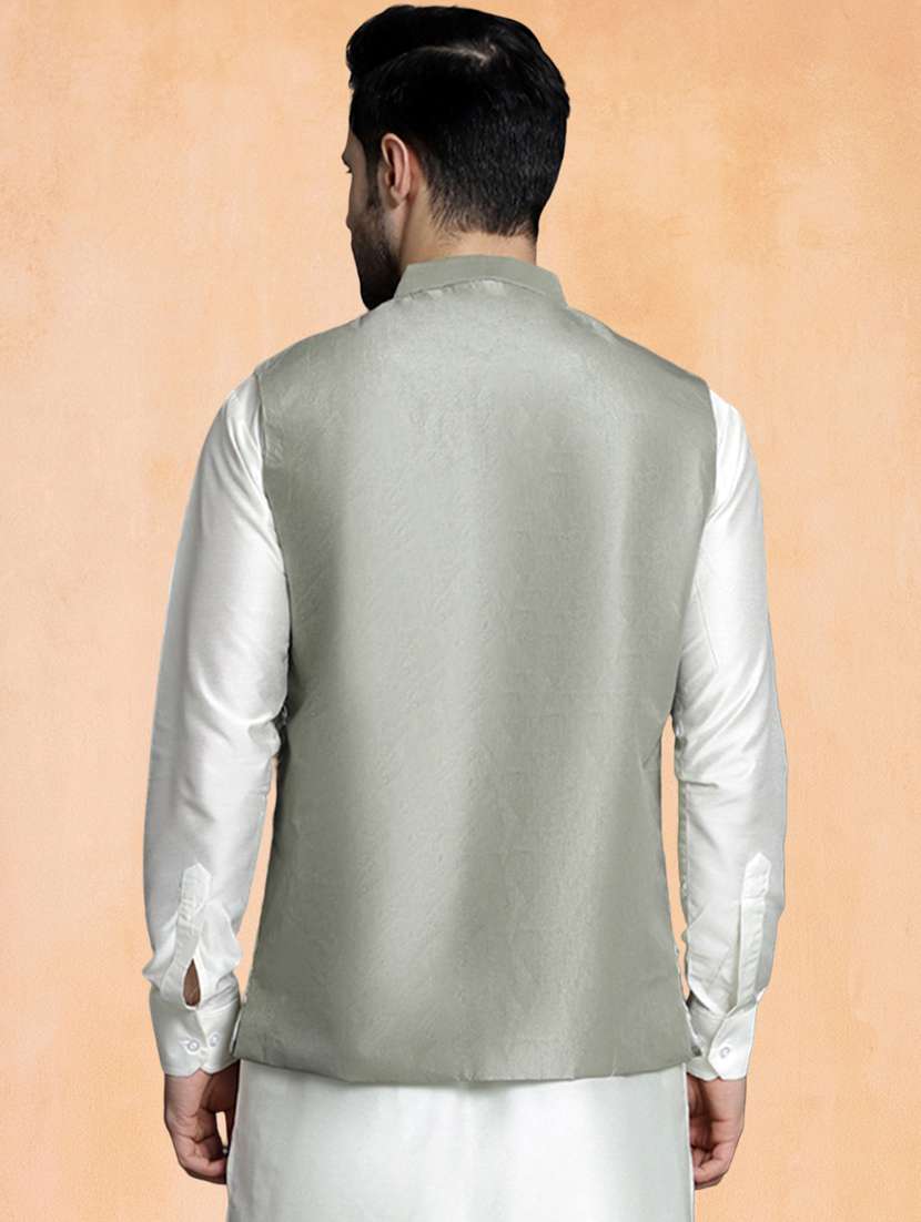 men solid with work mandarin neck regular fit nehru jacket - 22224547 -  Standard Image - 3