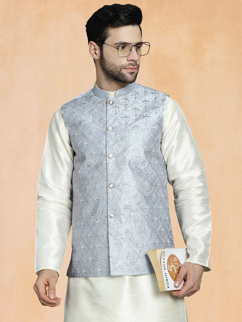 men solid with work mandarin neck regular fit nehru jacket - 22224548 -  Zoom Image - 0