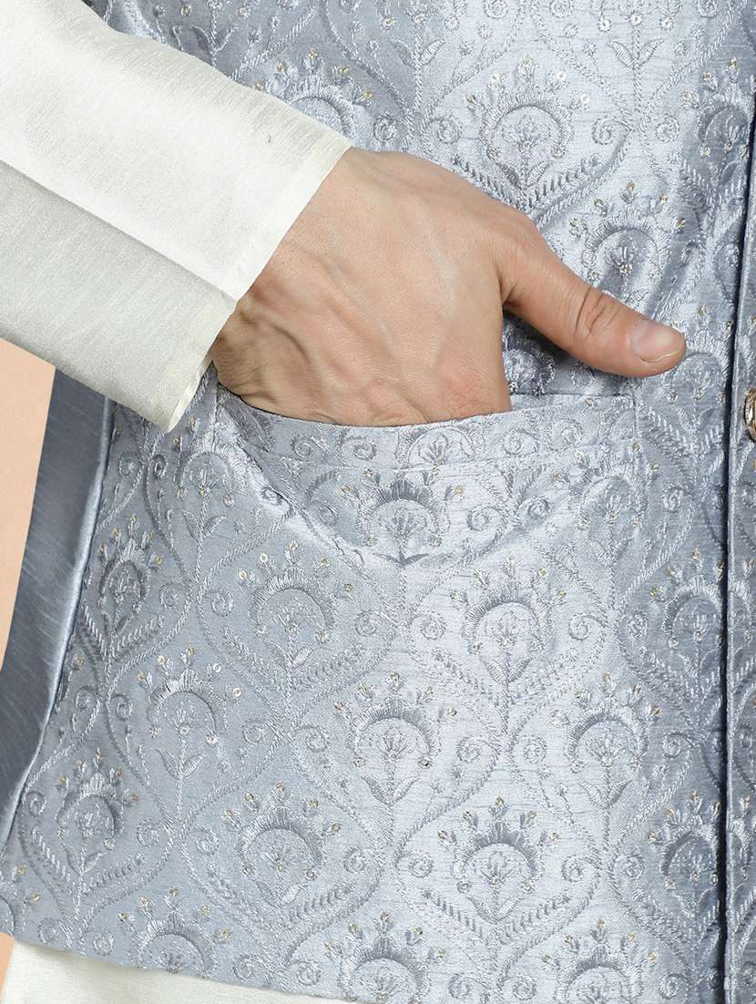 men solid with work mandarin neck regular fit nehru jacket - 22224548 -  Standard Image - 3