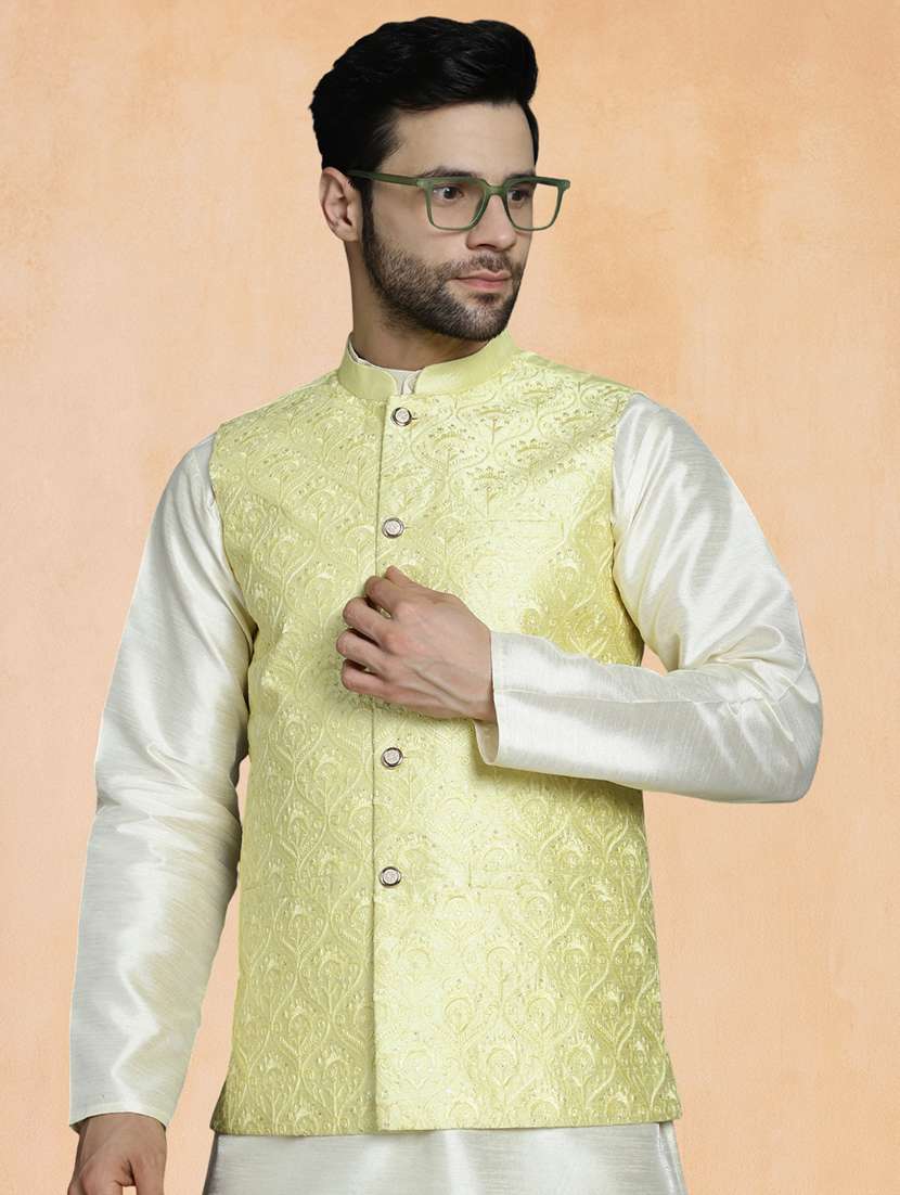 men solid with work mandarin neck regular fit nehru jacket