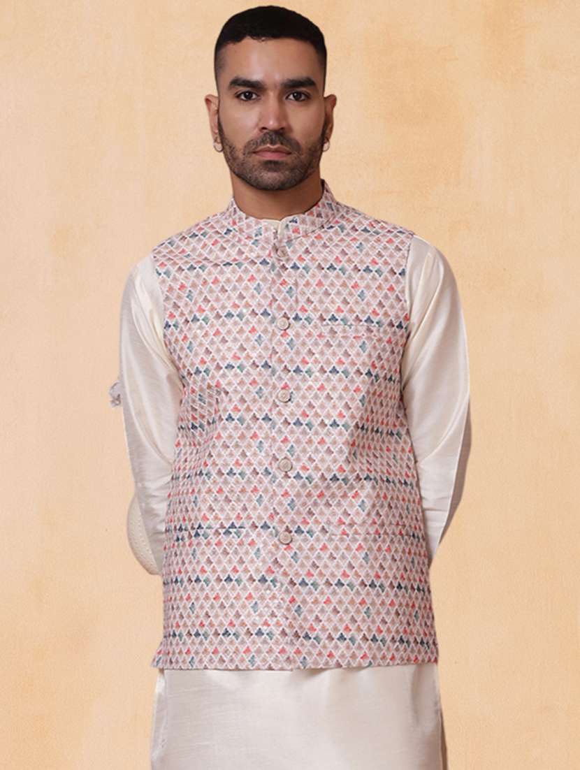 men printed mandarin neck regular fit nehru jacket - 22224550 -  Zoom Image - 0