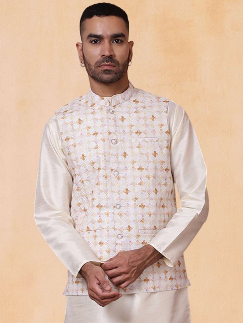 men printed mandarin neck regular fit nehru jacket