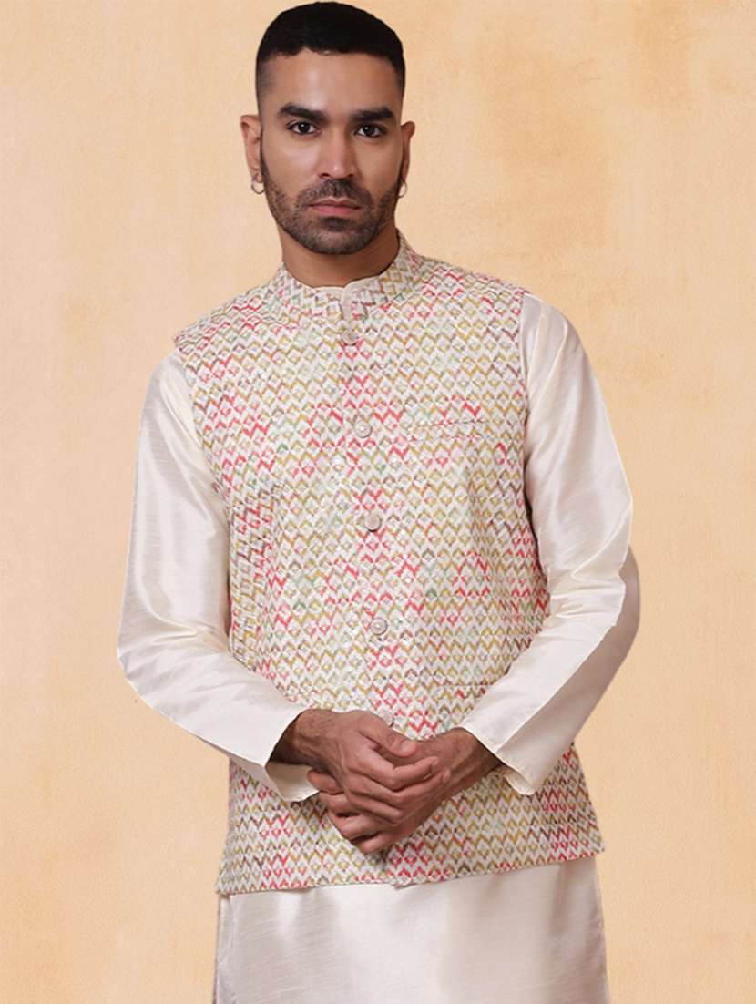 men printed mandarin neck regular fit nehru jacket