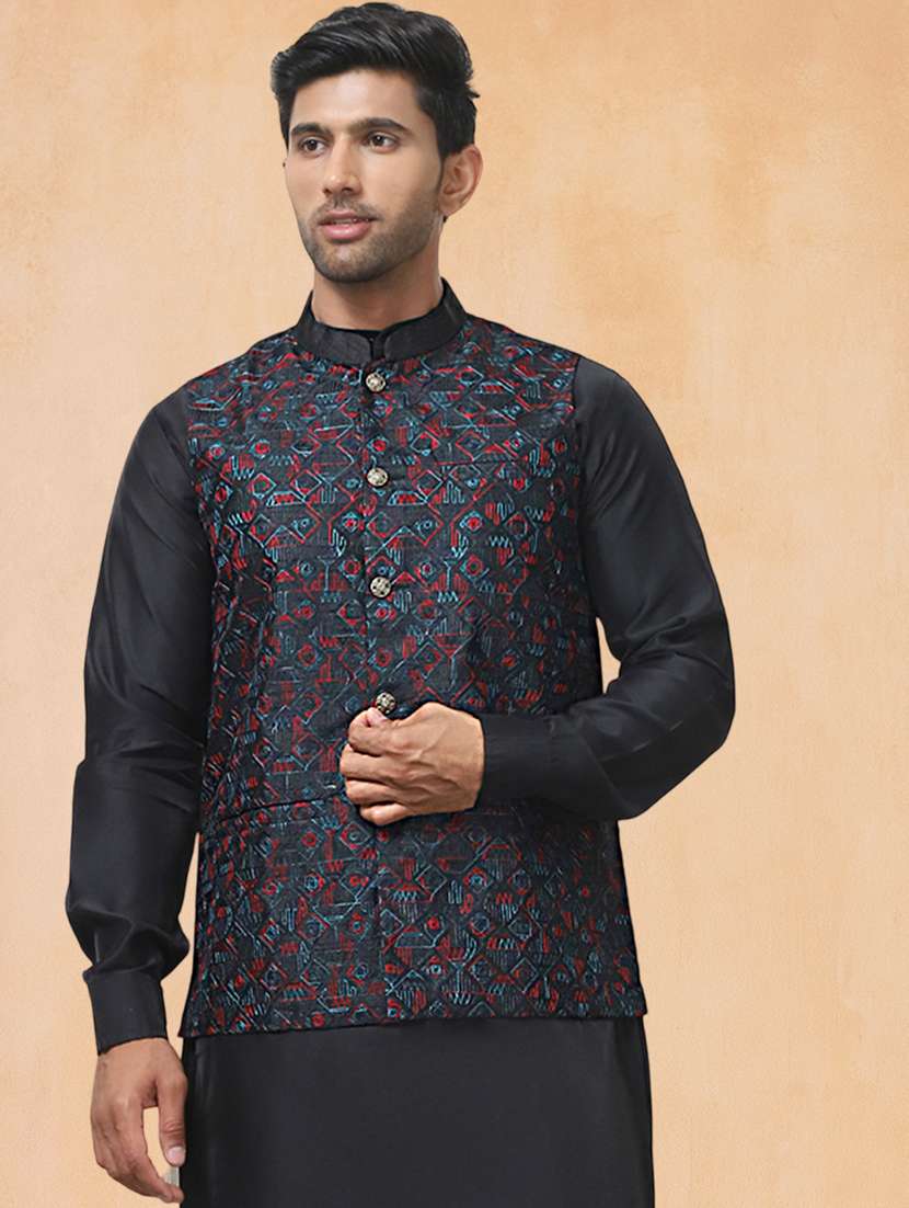 men solid with work mandarin neck regular fit nehru jacket