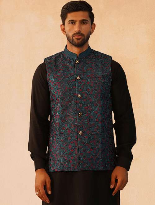 men solid with work mandarin neck regular fit nehru jacket - 22224555 -  Standard Image - 0