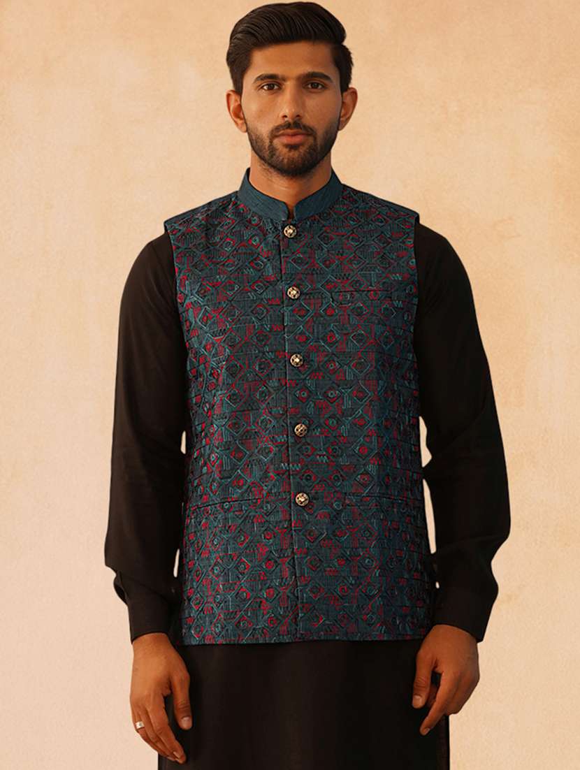 men solid with work mandarin neck regular fit nehru jacket