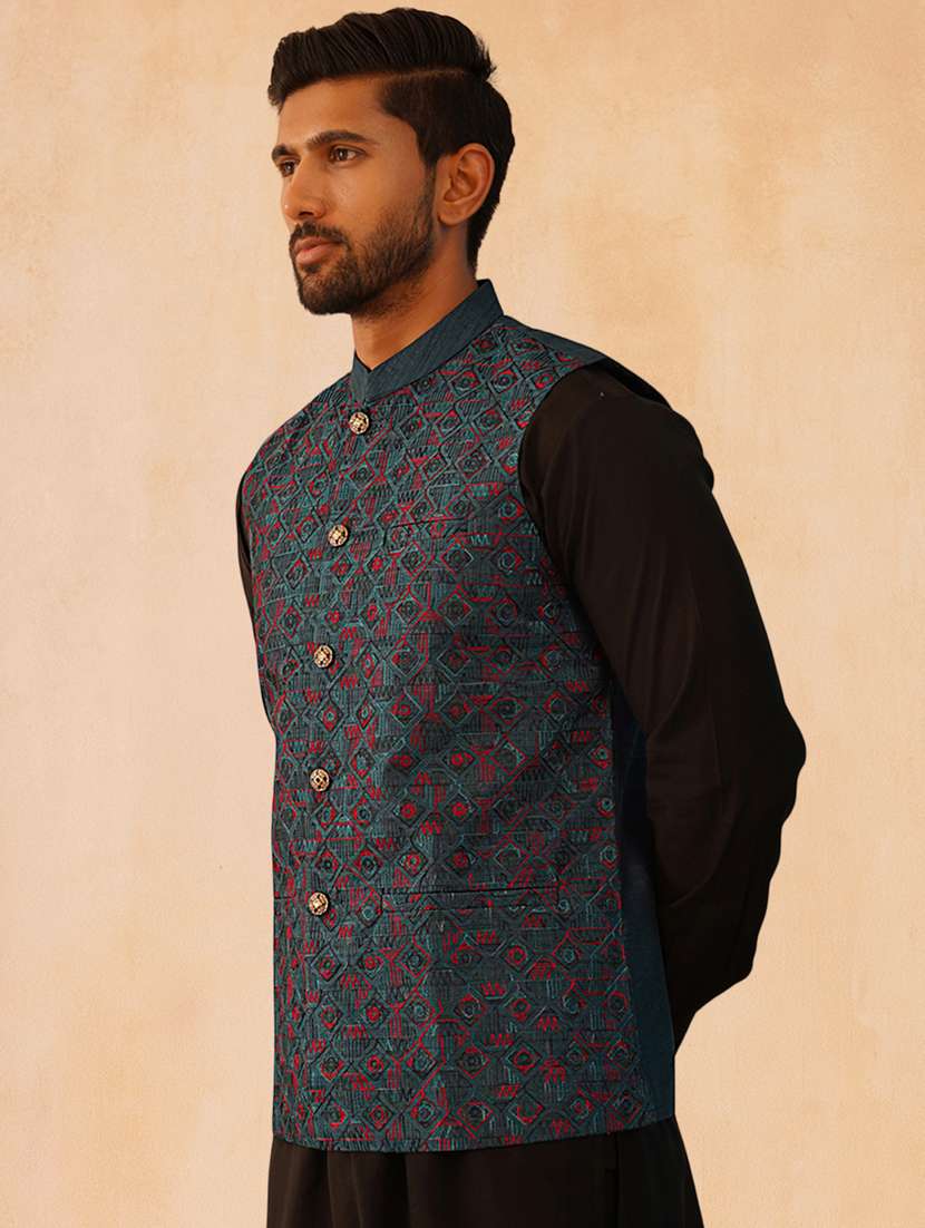 men solid with work mandarin neck regular fit nehru jacket - 22224555 -  Standard Image - 3