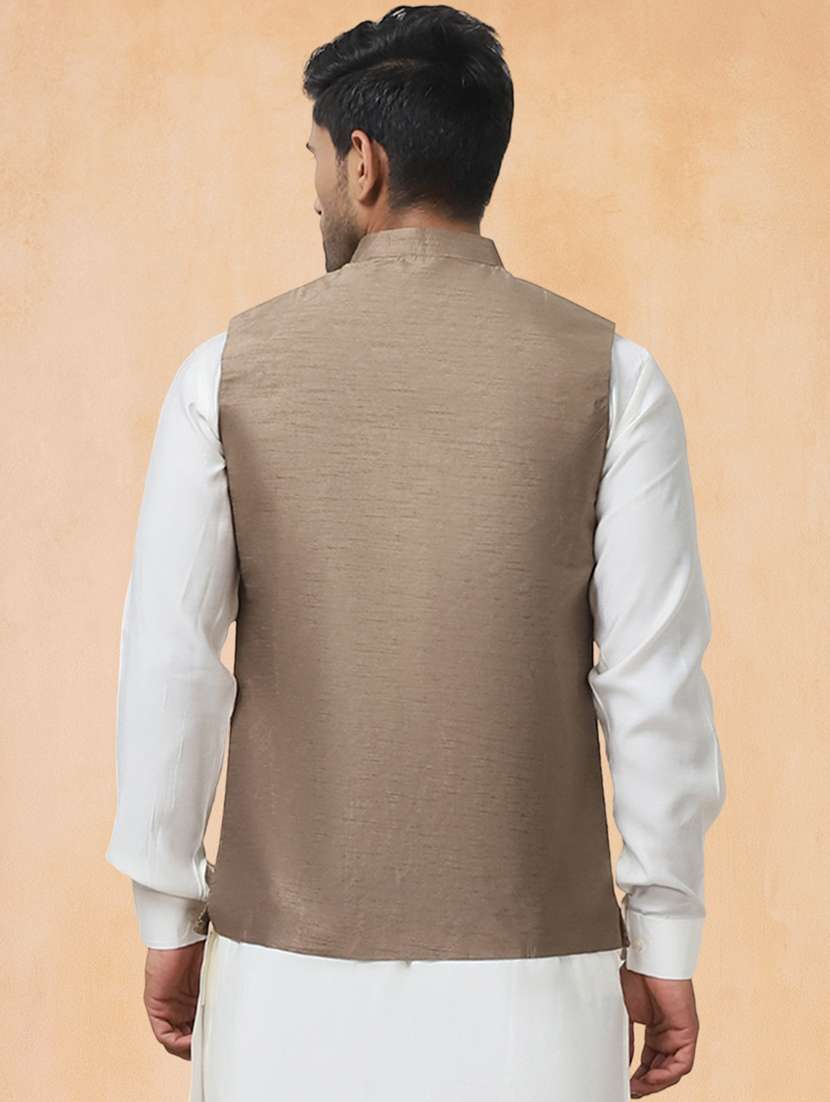 men solid with work mandarin neck regular fit nehru jacket - 22224556 -  Standard Image - 3