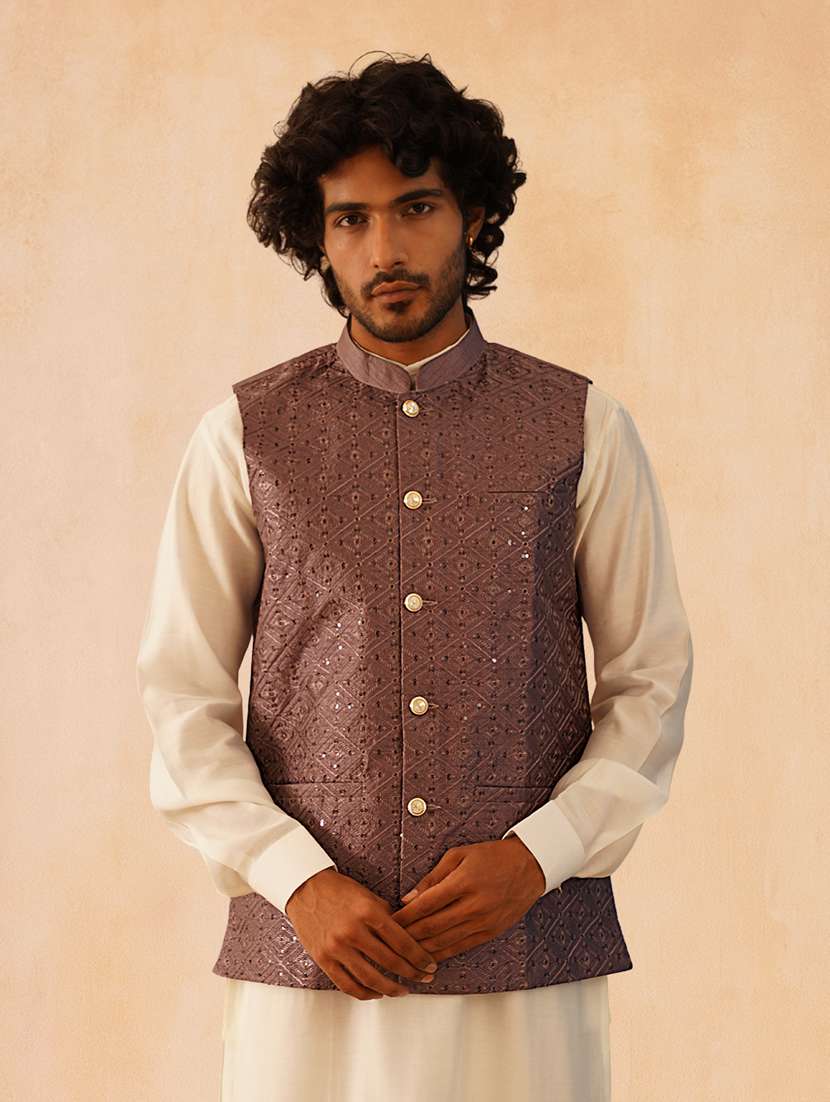 men solid with work mandarin neck regular fit nehru jacket