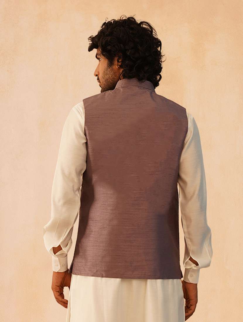 men solid with work mandarin neck regular fit nehru jacket - 22224557 -  Standard Image - 3