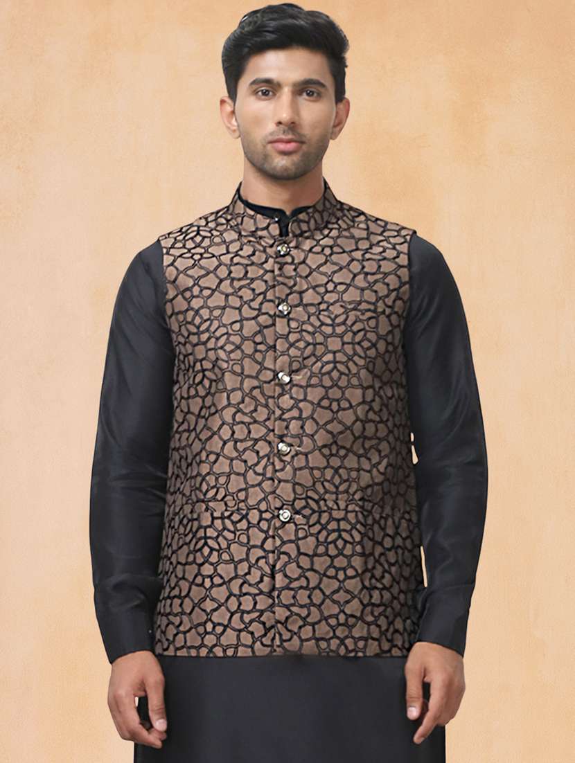 men solid with work mandarin neck regular fit nehru jacket - 22224559 -  Zoom Image - 0