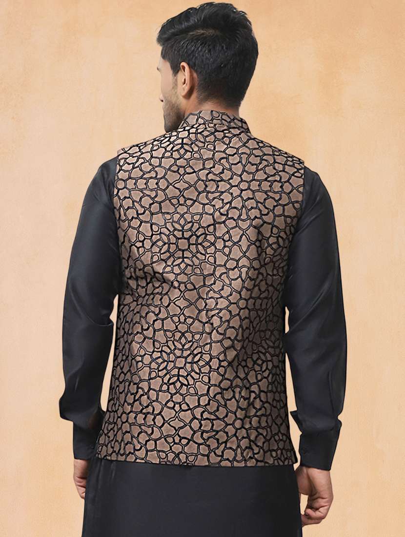 men solid with work mandarin neck regular fit nehru jacket - 22224559 -  Standard Image - 3