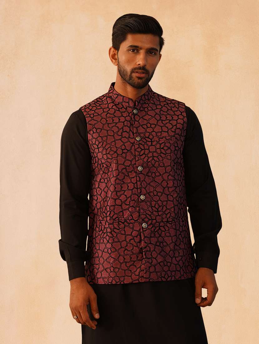 men solid with work mandarin neck regular fit nehru jacket