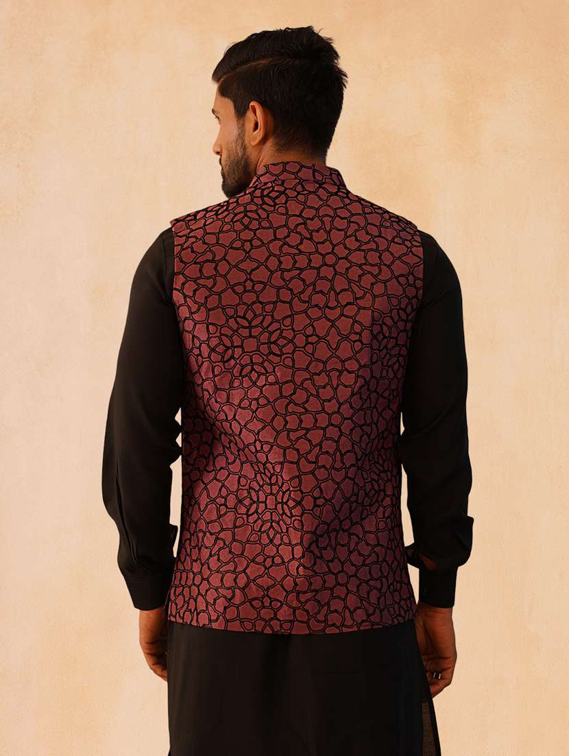 men solid with work mandarin neck regular fit nehru jacket - 22224560 -  Standard Image - 3