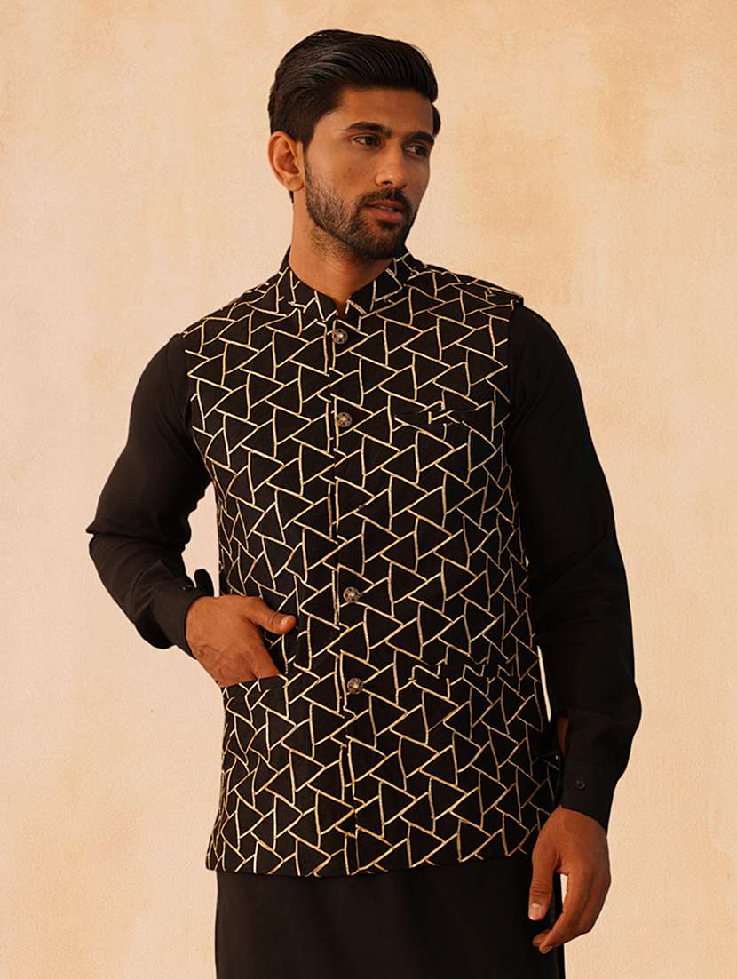 men solid with work mandarin neck regular fit nehru jacket